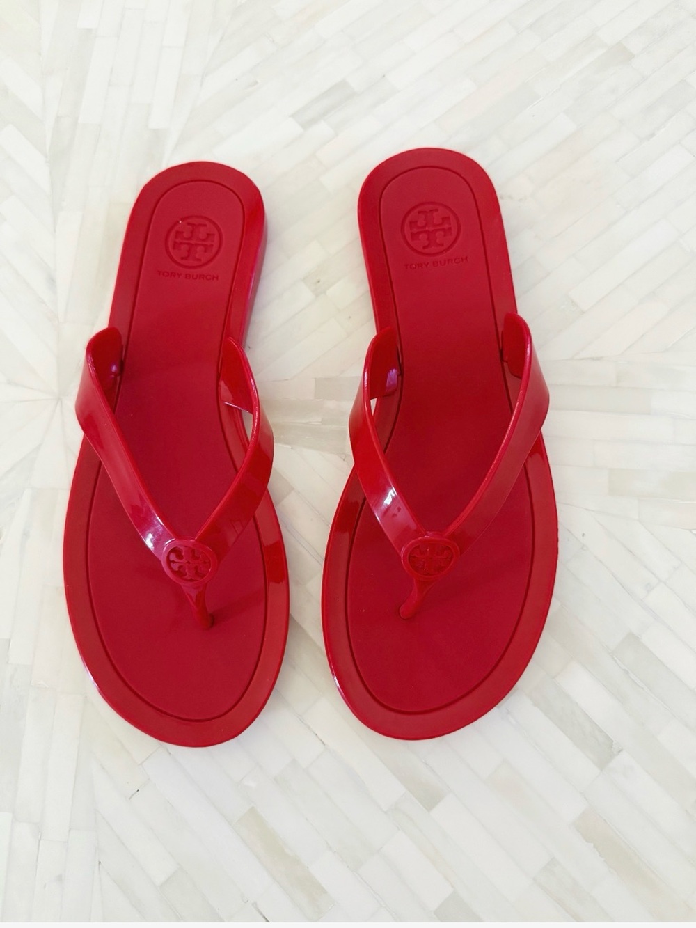 Tory Burch Bright Red Logo Jelly Thong Sandals